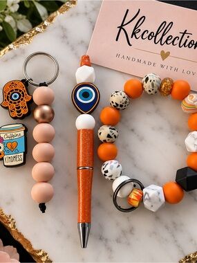Orange Beaded Pen & Keyring Set